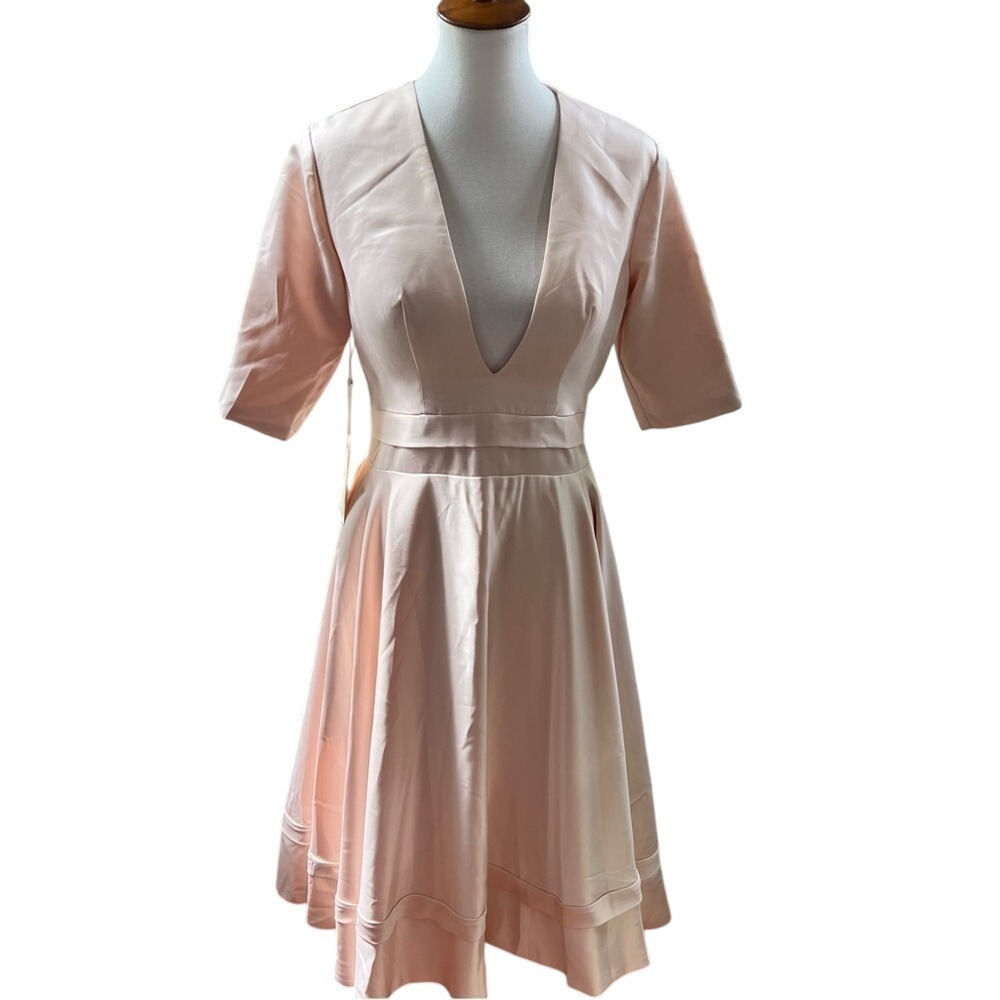 Lanting Deep V-Neck Fit and Flare Midi Dress Satin Blush Pink Elbow Sleeve
